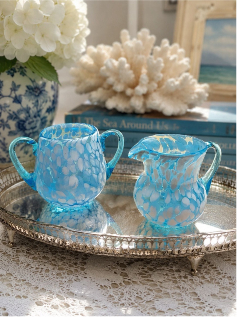 Hand Blown Aqua Blue Art Glass Creamer & Sugar Bowl Set | Studio Glass | Coastal